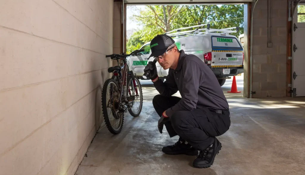 Terminix technician inspecting garage with flashlight.